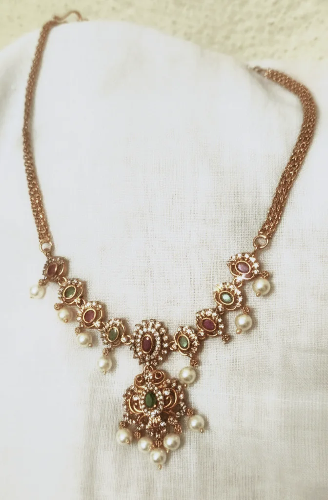 Gold Toned Stone and Pearl Drop Necklace