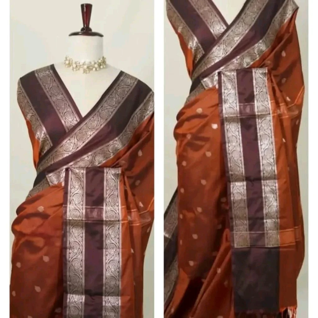 Orange Kanchipuram Silk Saree with Purple Border and Gold Zari Work 5