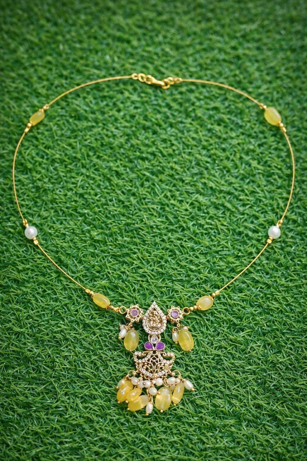 Gold Toned Traditional Necklace with Yellow Beads and Pearls