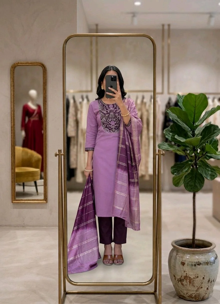 Embroidered Cotton Kurti Set with Dupatta Collection 8