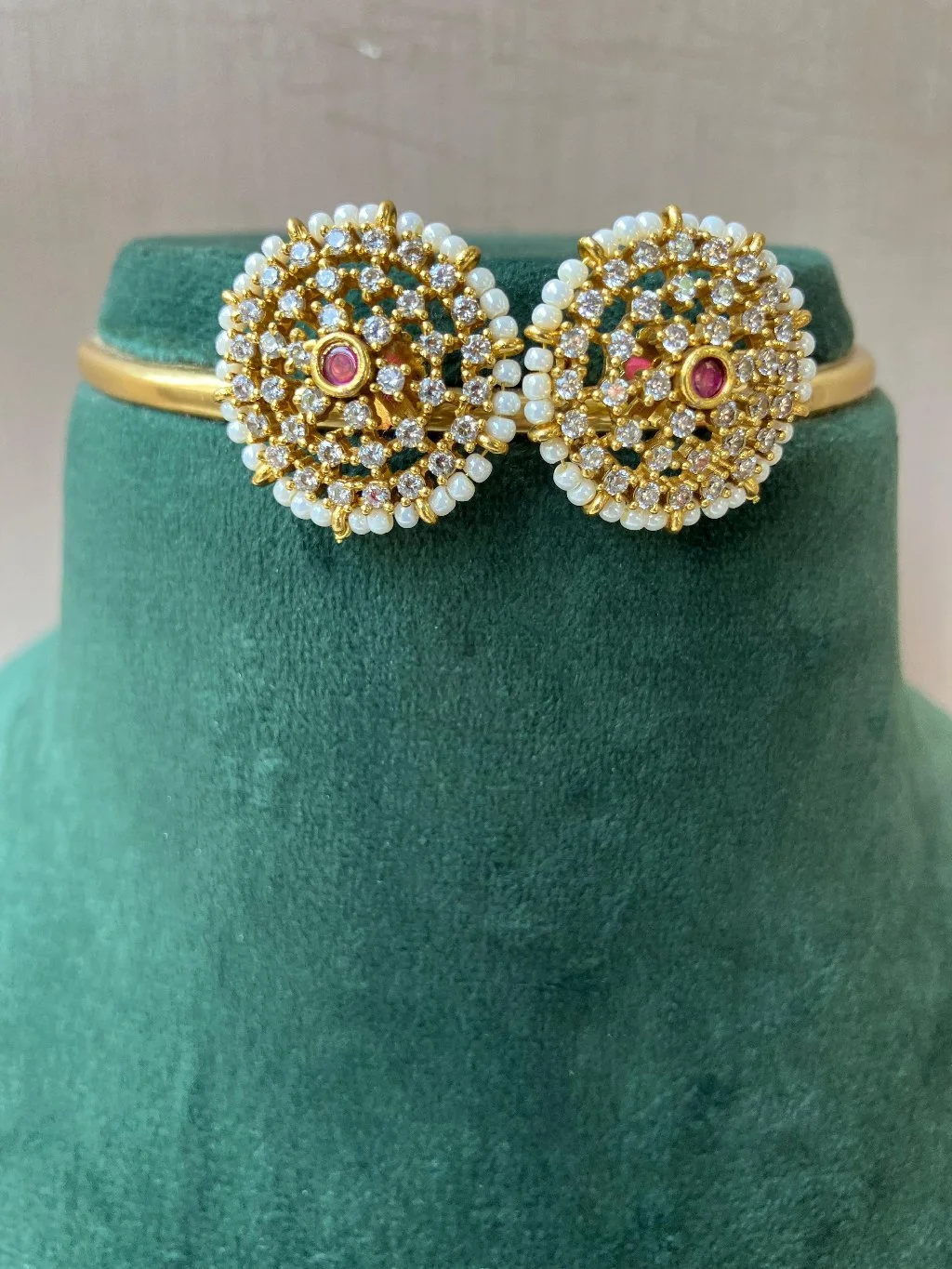 Gold Plated Ruby Emerald Floral Kada - Variant 2