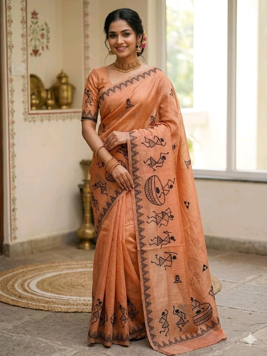 Peach Warli Art Print Saree 4
