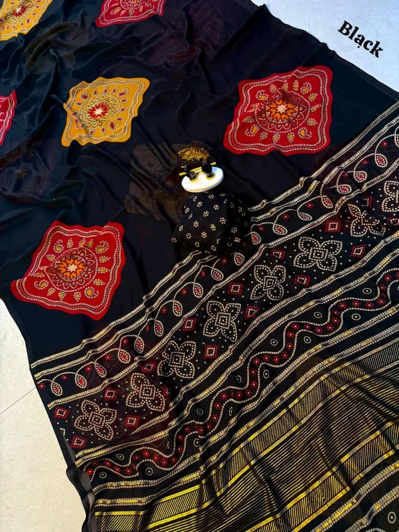 Black Bandhani Print Saree with Colorful Motifs thumbnail 1