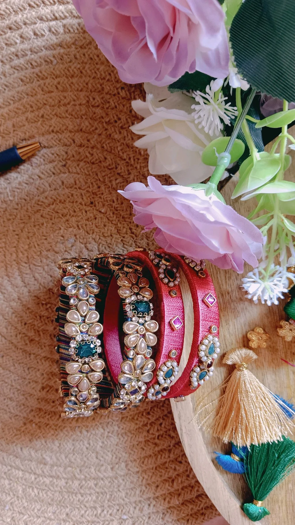 Multicolor and Red Kundan Stone Thread Bangles Set thumbnail 1
