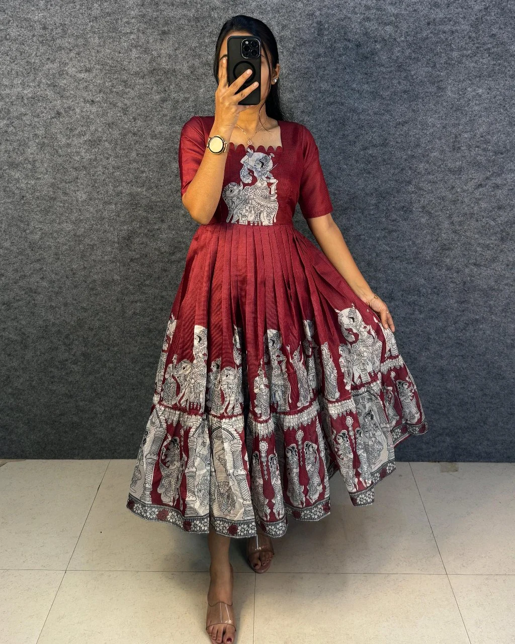 Maroon Kalamkari Print Flared Midi Dress thumbnail 1
