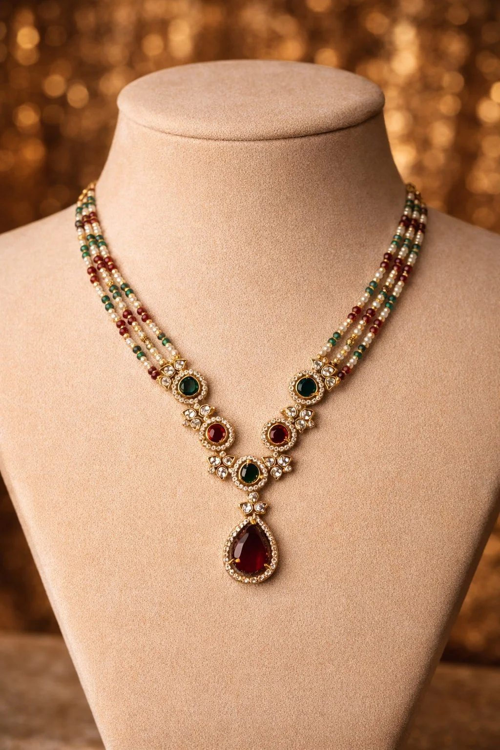 Traditional Pearl and Gemstone Gold Toned Necklace