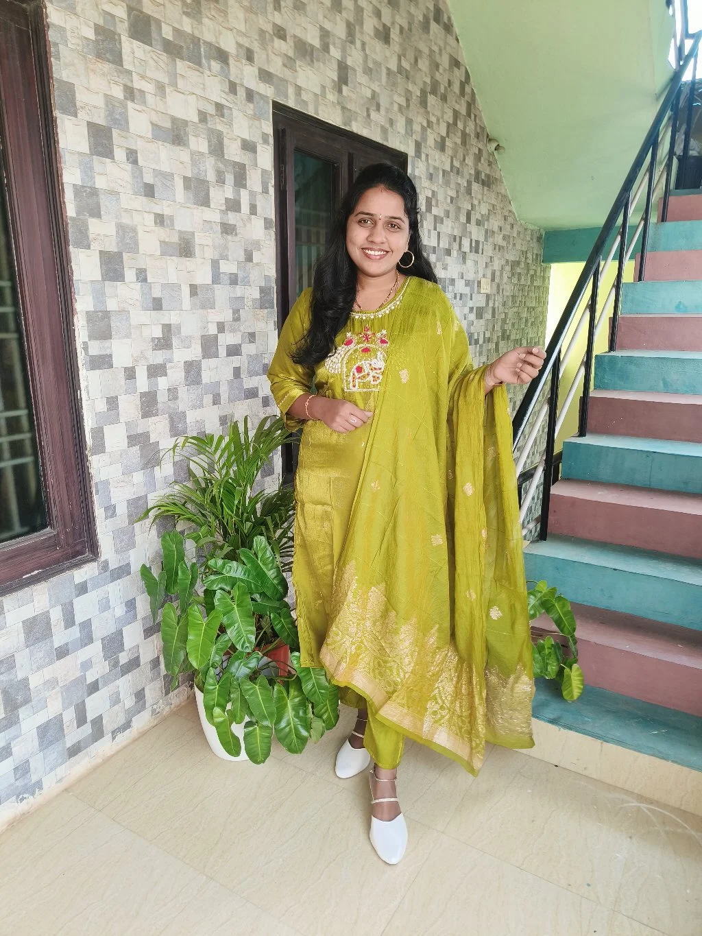 Olive Green Embroidered Kurta Set with Gold Detail Dupatta