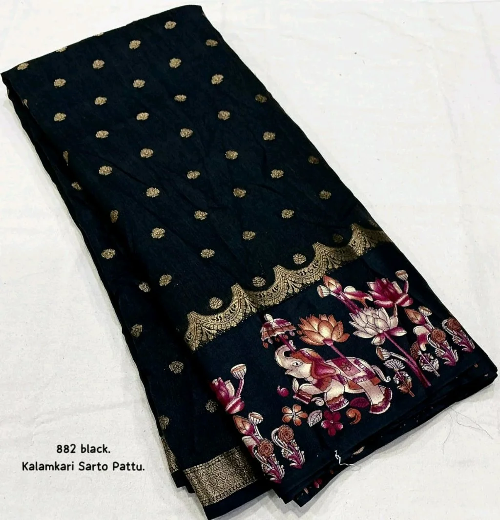 Kalamkari Printed Saree with Gold Border 5
