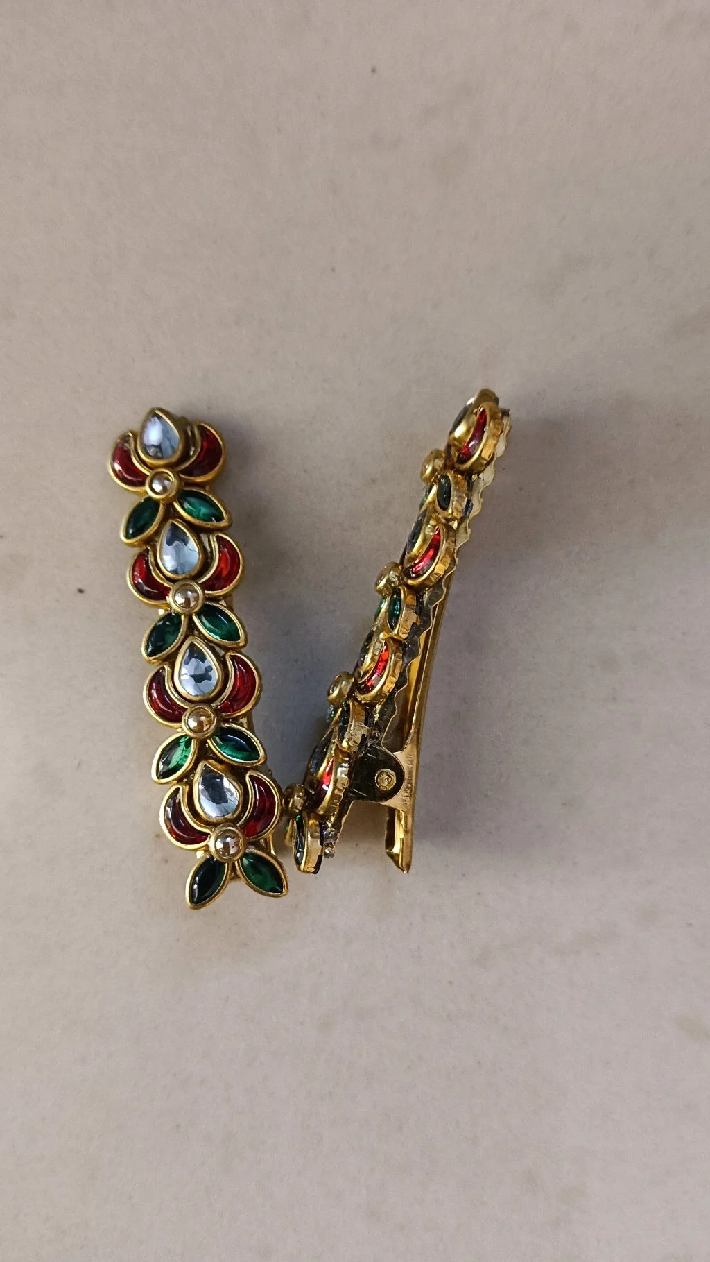Gold Tone Floral Kundan Enamel Drop Aligrator Clips thumbnail 3