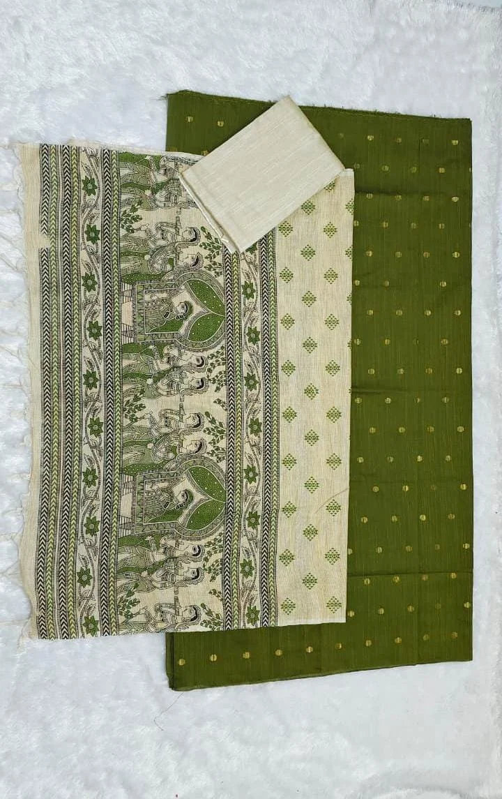 Olive Green and Cream Kalamkari Print Unstitched Dress Material thumbnail 3