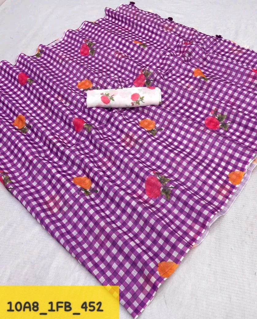 Gingham Cotton Saree with Fruit Print and White Blouse thumbnail 2