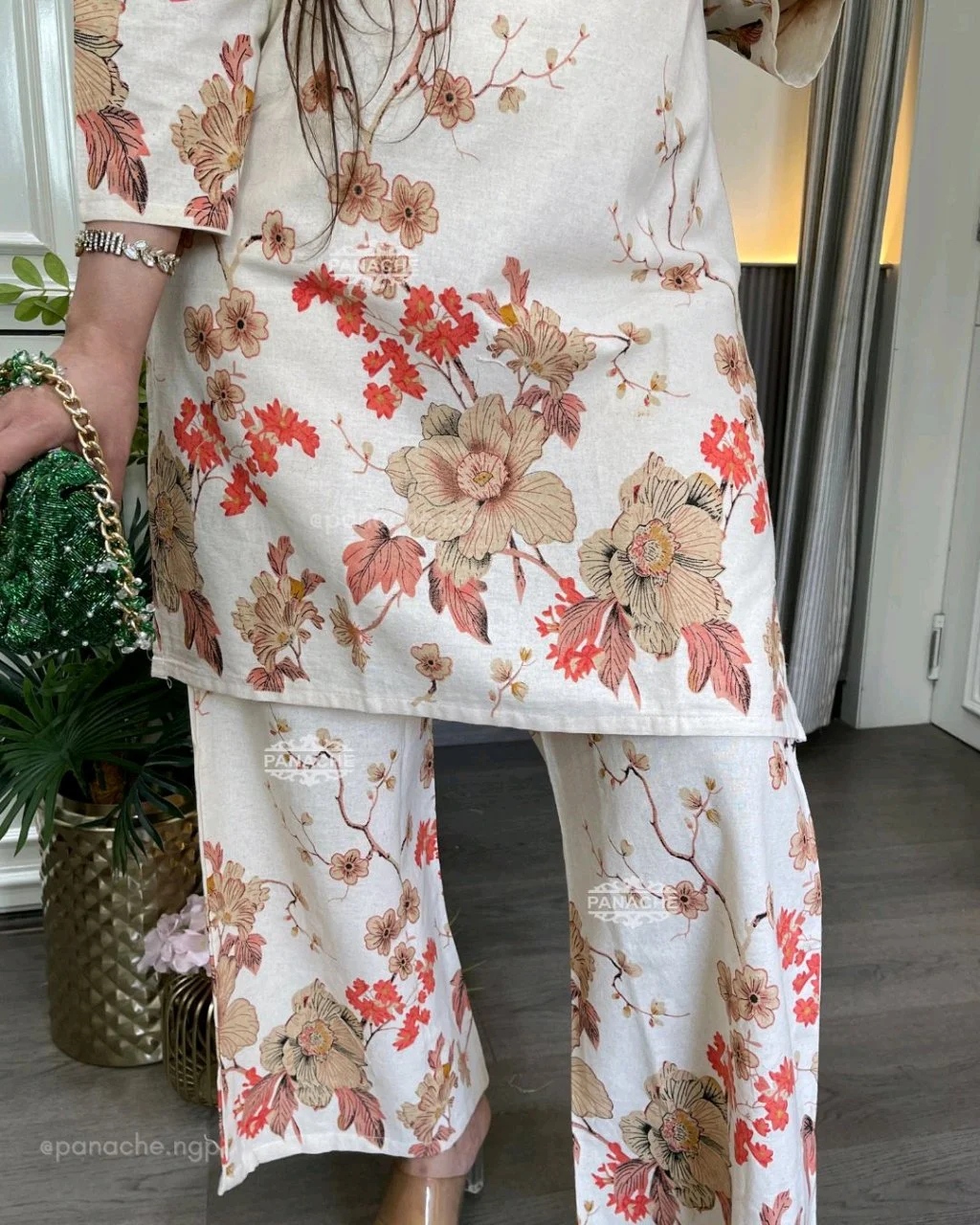 White Floral Print Palazzo Set with Embroidered Neck thumbnail 5