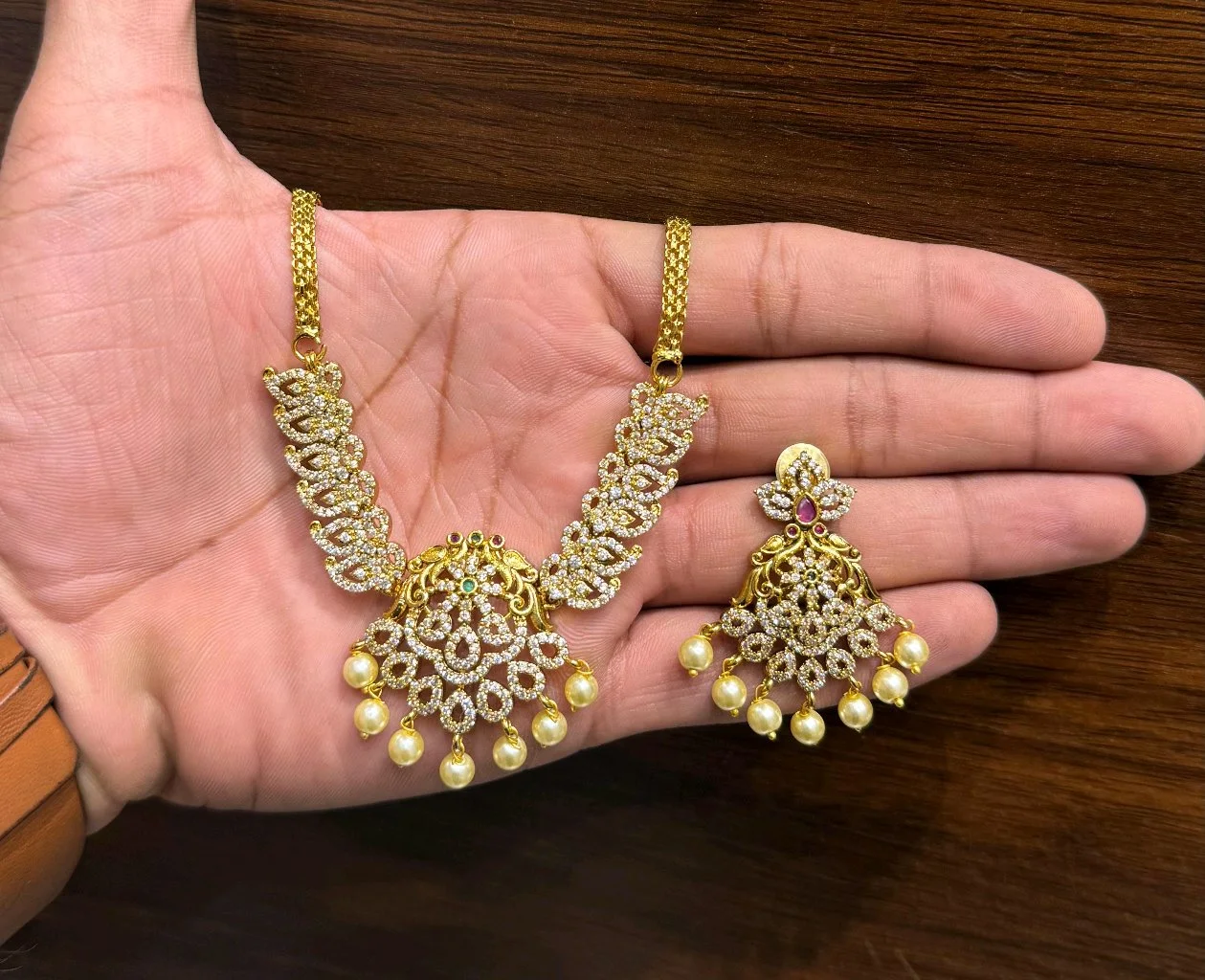 Gold Plated CZ Stone Necklace Set with Pearl Drops