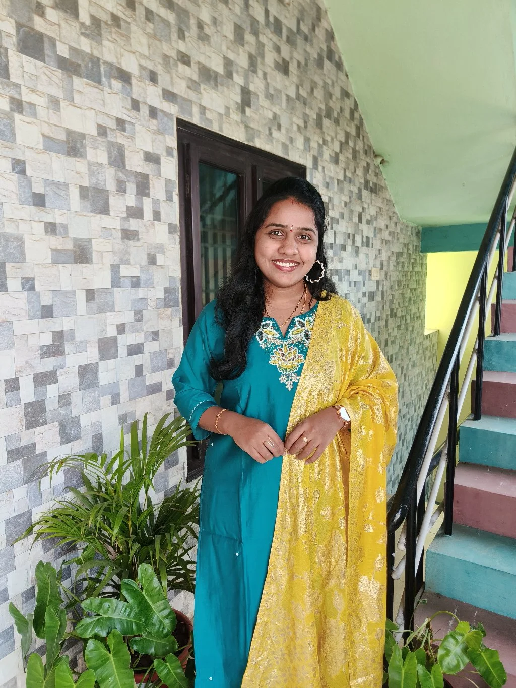 Teal Embroidered Kurta Set with Yellow Dupatta 2