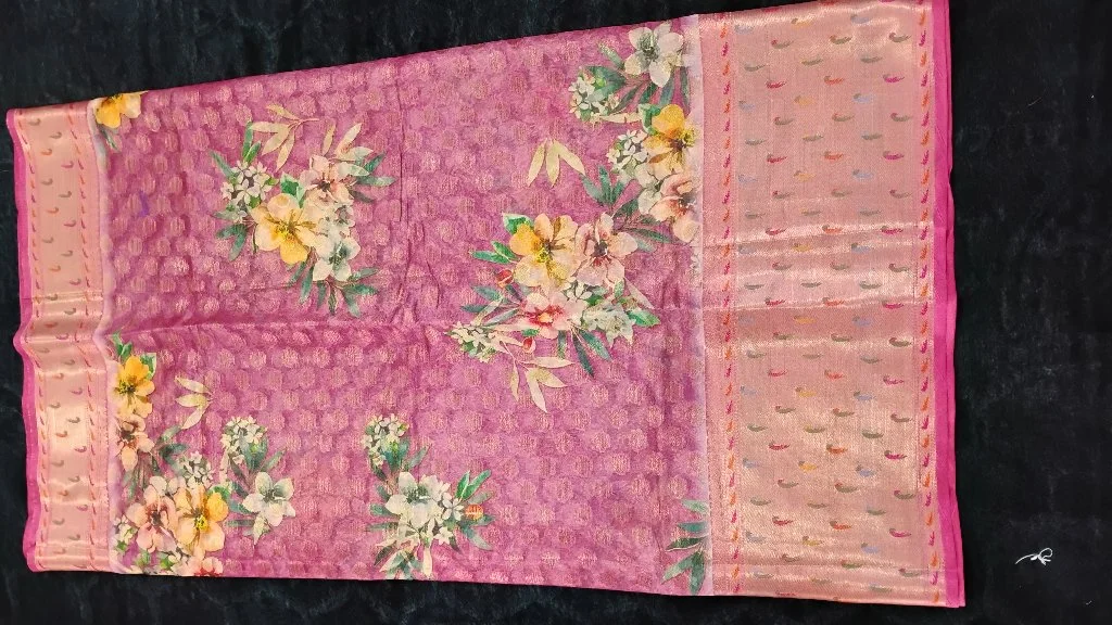Pink Floral Print Saree with Peach Zari Border thumbnail 4