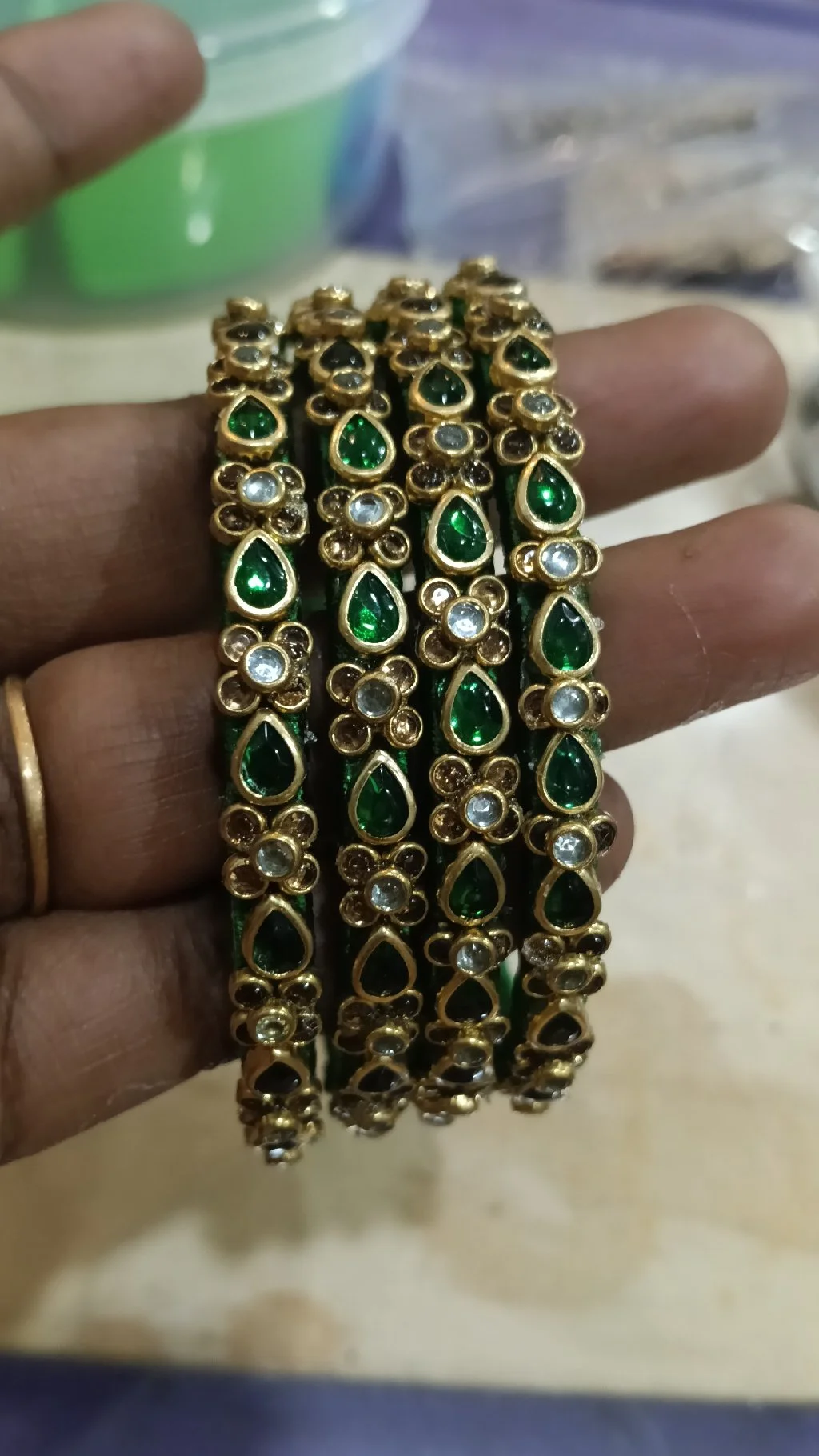 Green and Gold Stone Embellished Bangles