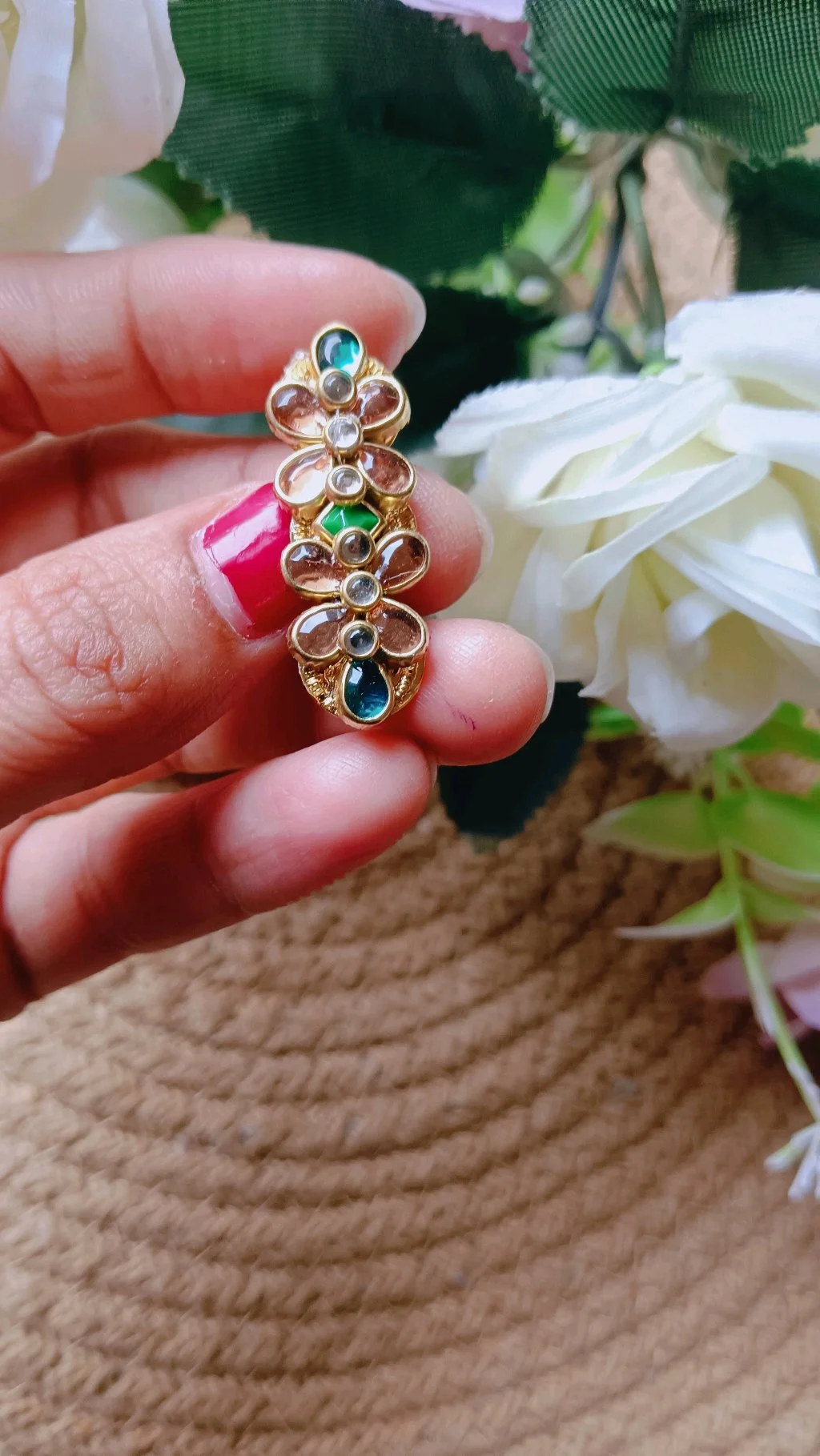 Gold Tone Floral Saree Brooch Pin with Multi-Color Stones