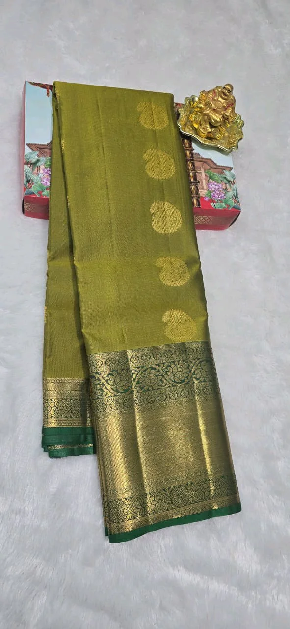 Light Green Dharmavaram Pattu Saree with Gold Zari Buttas and Border 6
