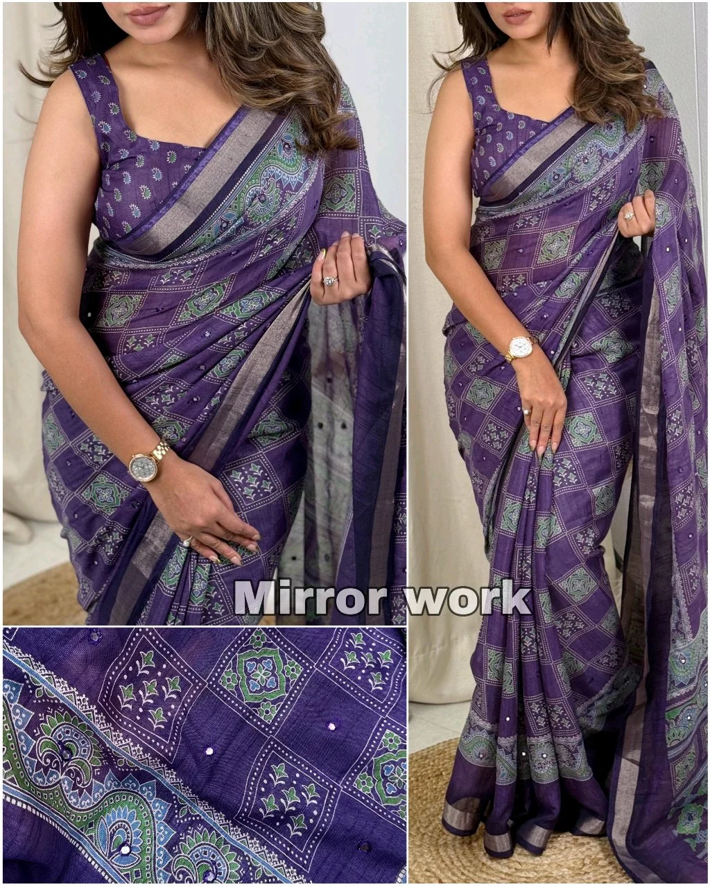 Purple Printed Mirror Work Saree