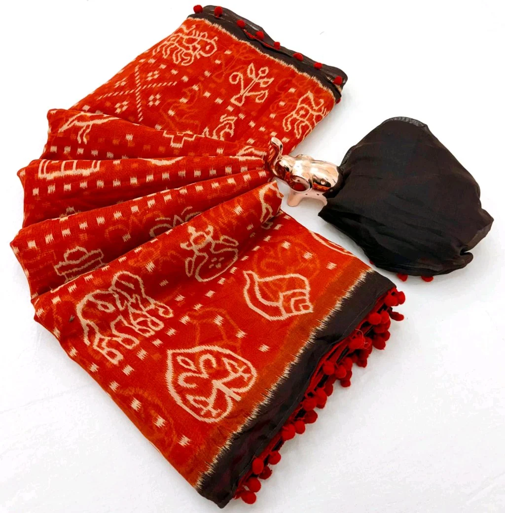 Yellow and Red Printed Saree with Pom Poms 2