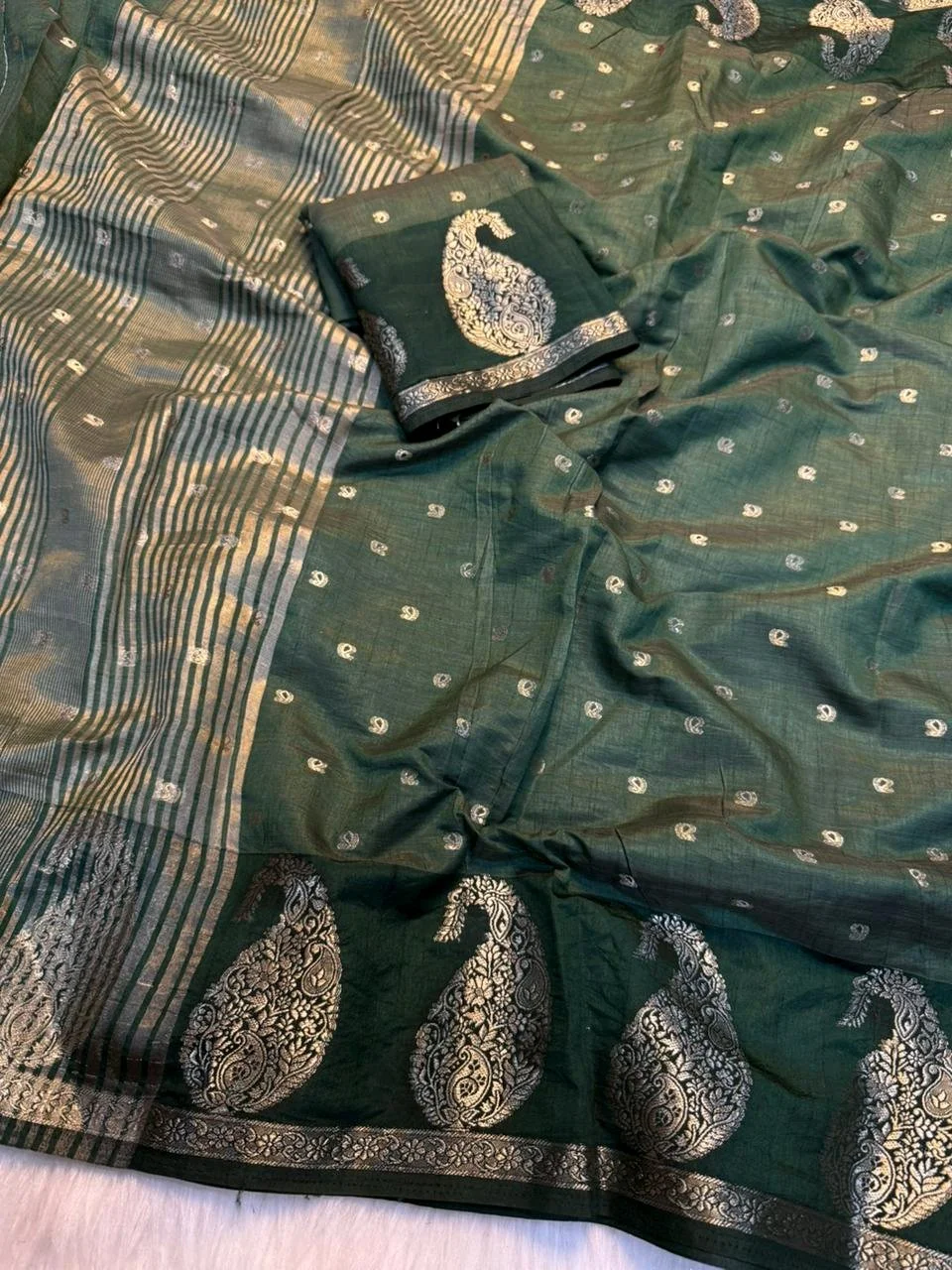 Soft Tusser  Silk Saree with Gold Zari Paisley Motifs 6