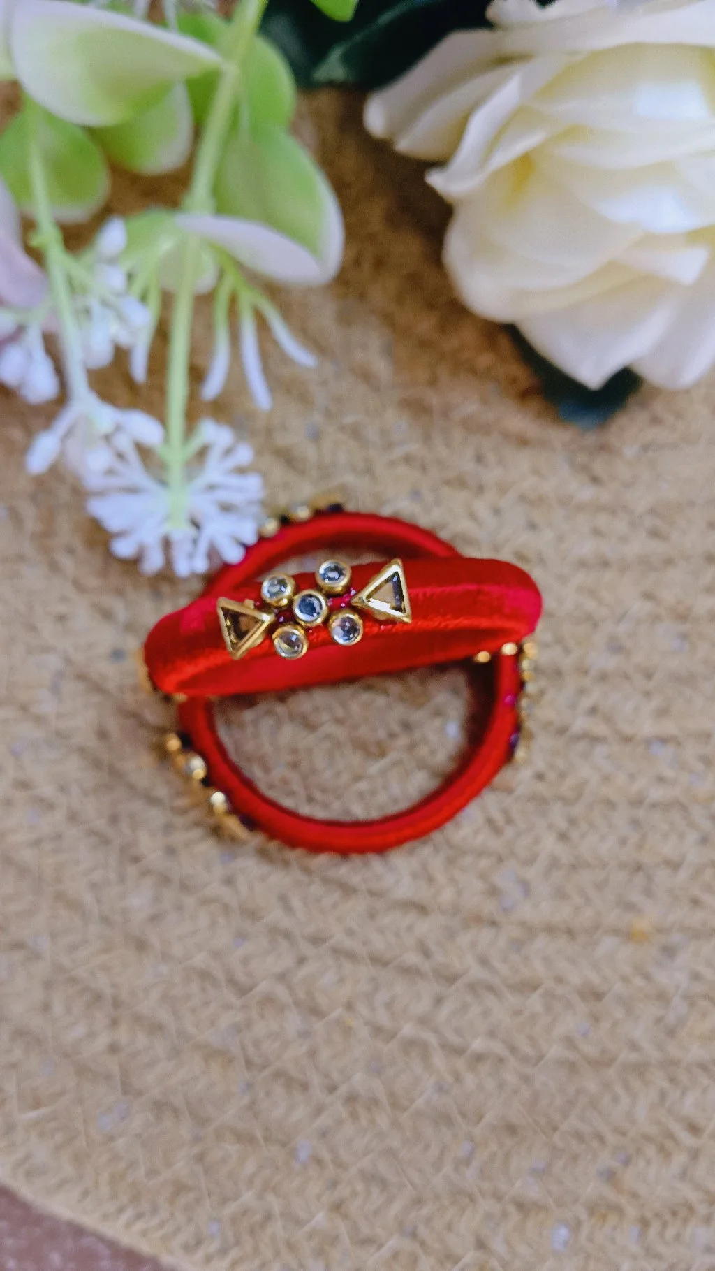 Red Silk Thread Bangles with Gold Kundan Stone Work thumbnail 4