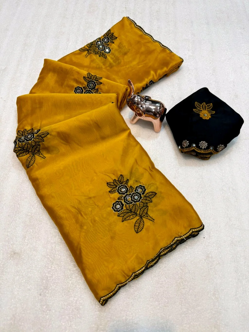 Rangoli Silk Saree with Black Floral Embroidery and Designer Blouse thumbnail 5