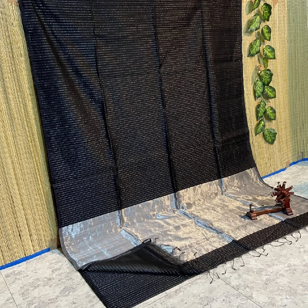 Royal Blue Saree with Silver Zari Stripes and Border 2