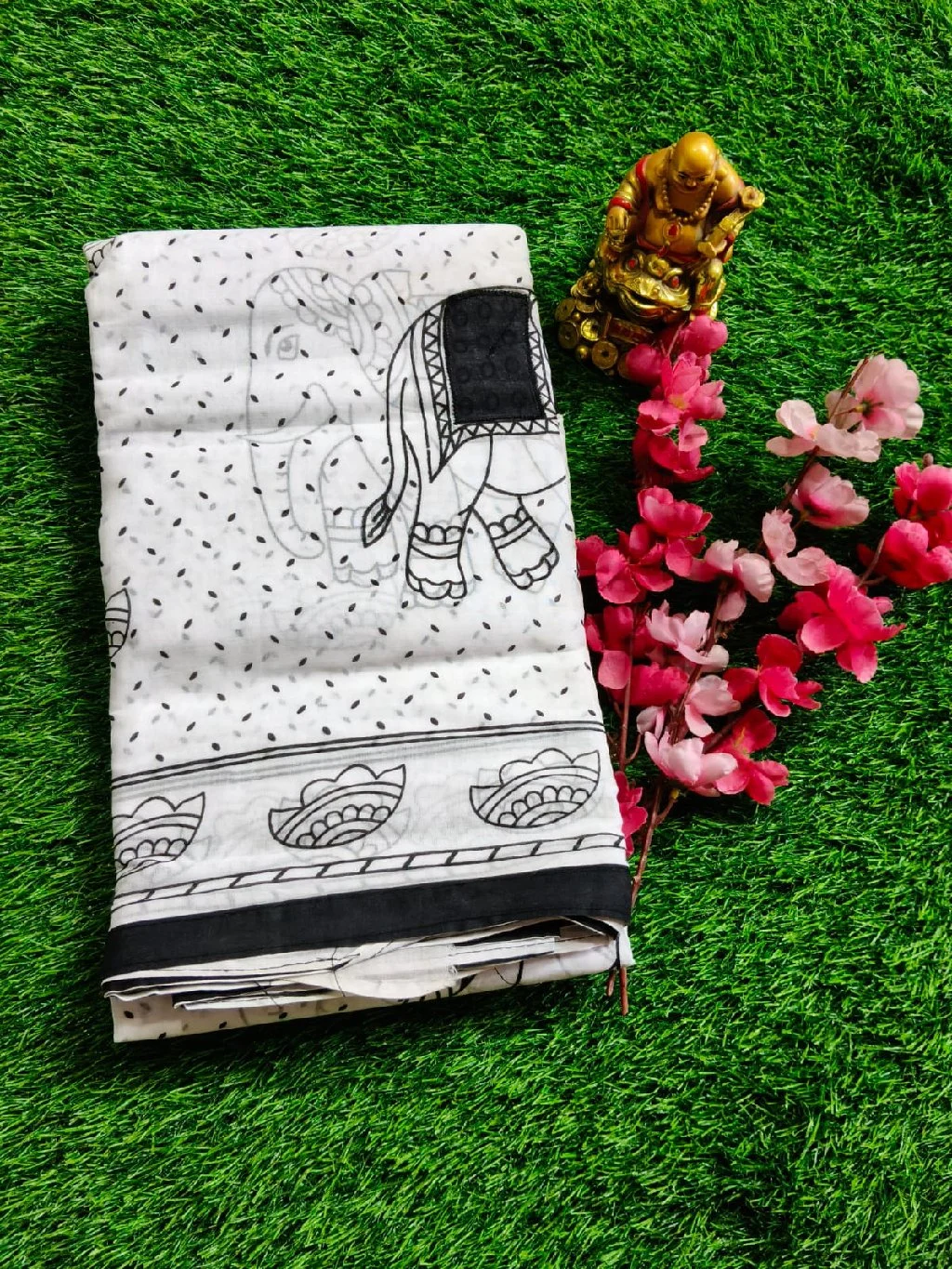 White Cotton Saree with Black Elephant Print