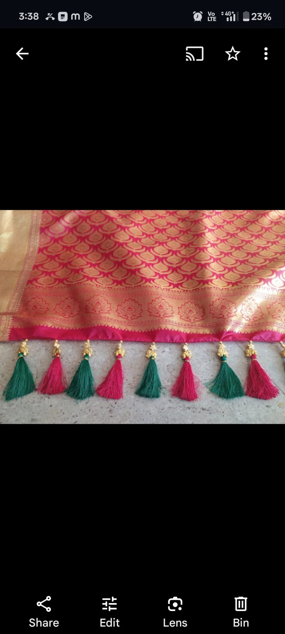 Pink and Green Saree Pallu Tassels with Gold Embellishments