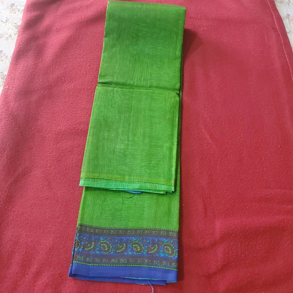Green Textured 120 Count  Pure SilkSaree with Blue Paisley Border 1