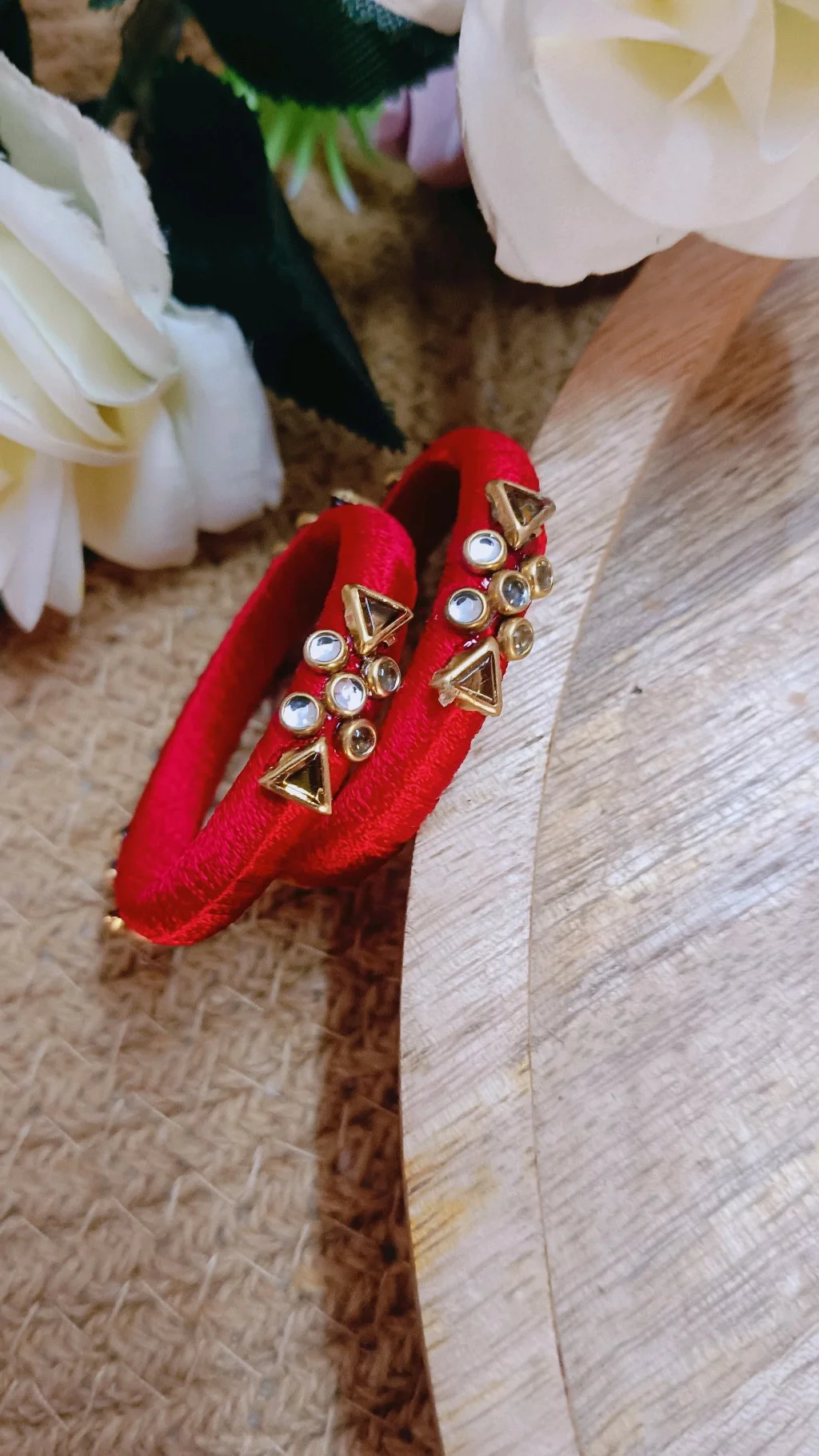 Red Silk Thread Bangles with Gold Kundan Stone Work thumbnail 1