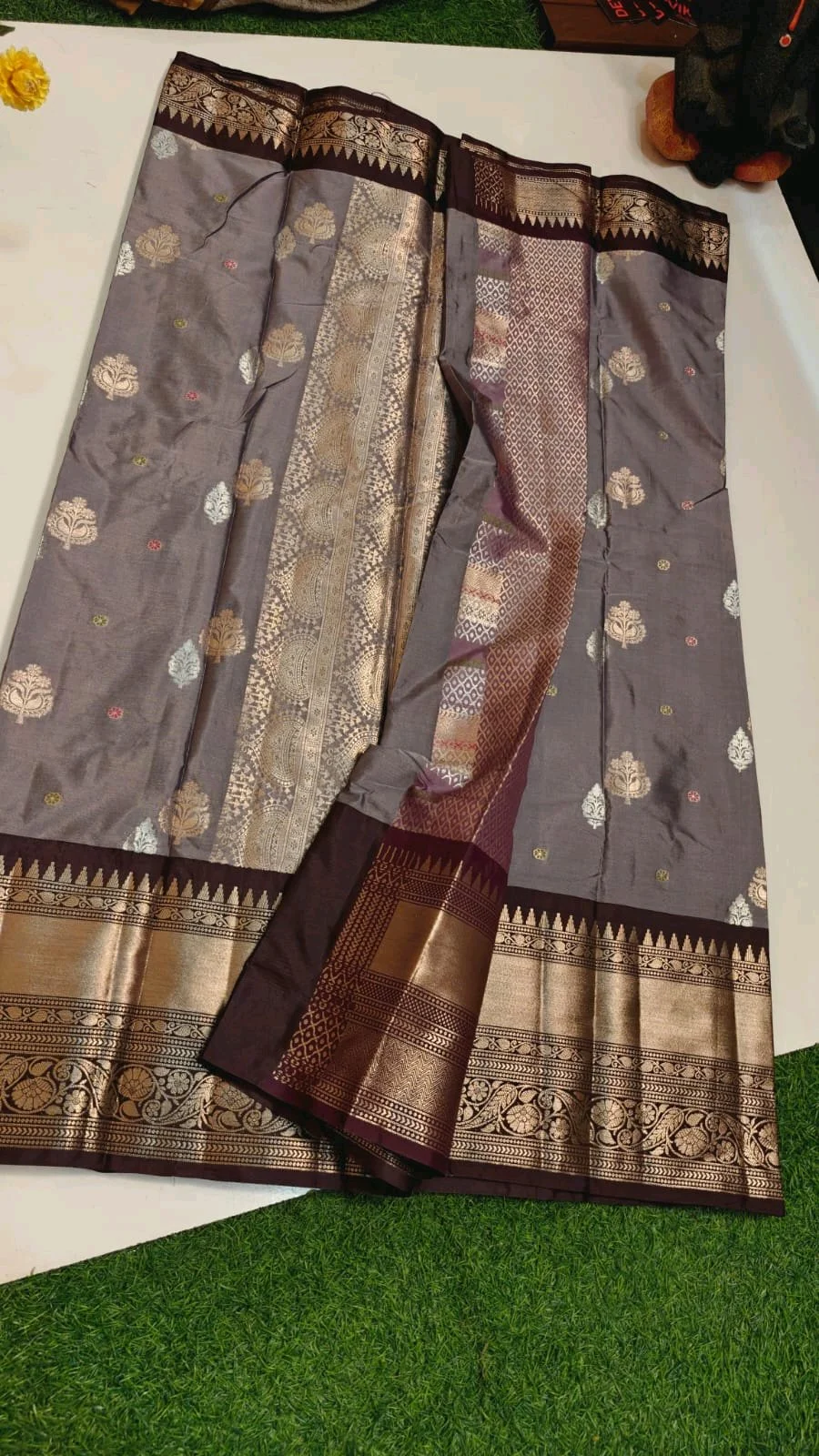 Grey and Maroon Silk Saree with Zari Motifs and Border thumbnail 1