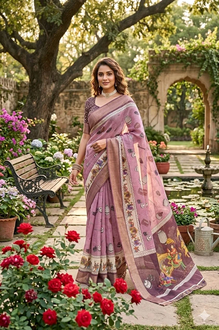 Linen Blend Saree with Traditional Art Print Pallu 9