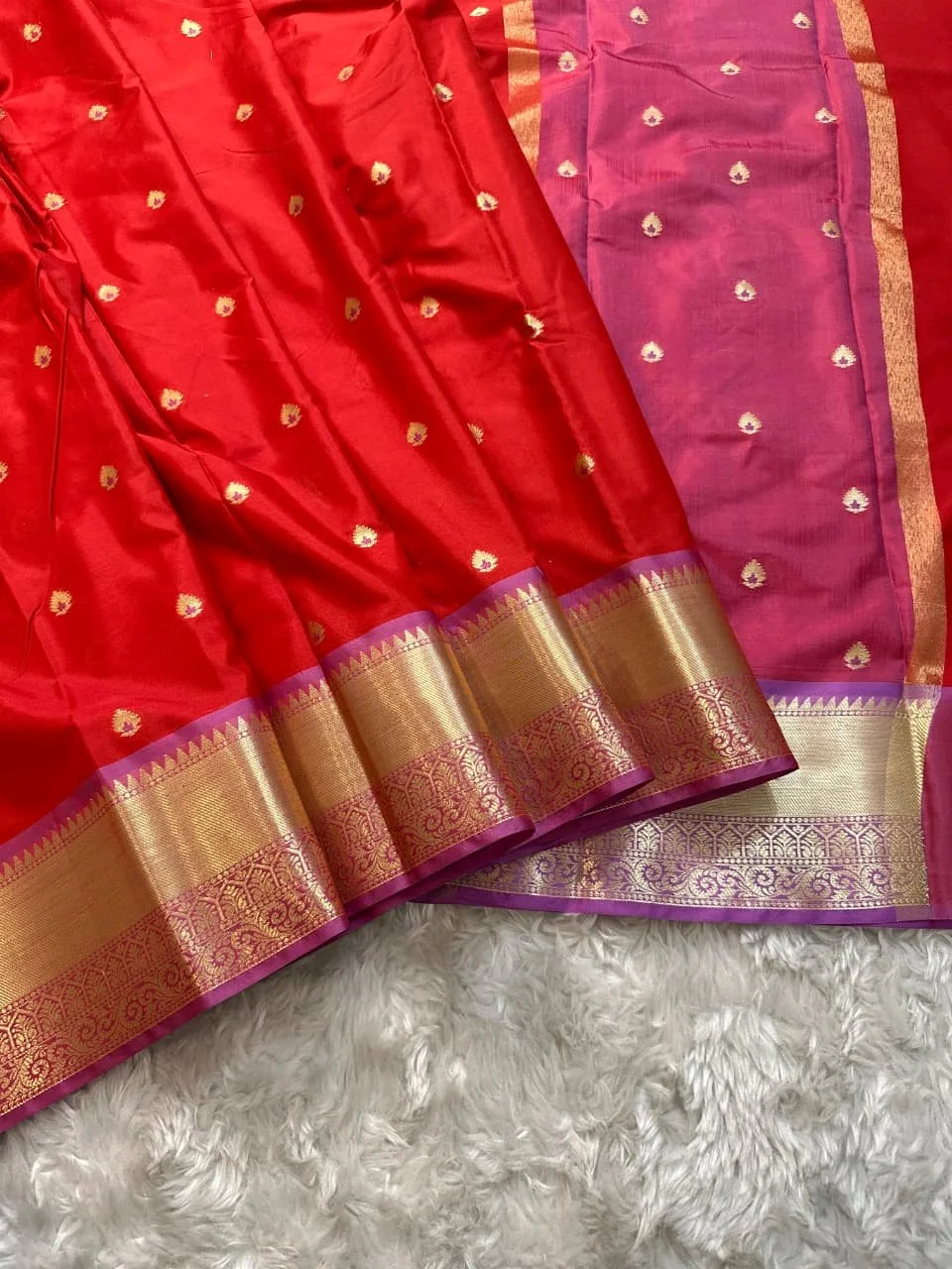 Red Silk Saree with Gold Zari Border 2