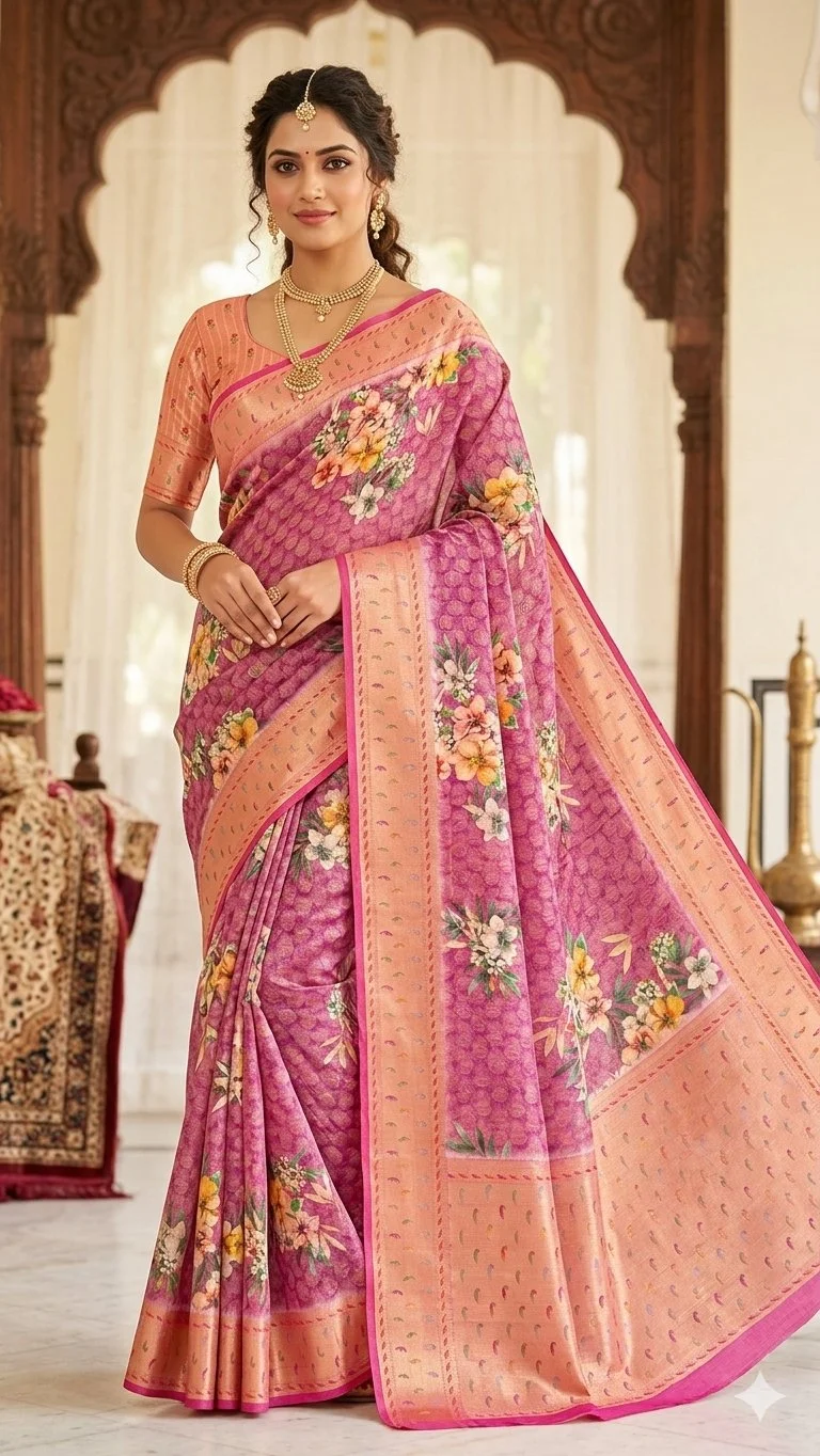 Pink Floral Print Saree with Peach Zari Border