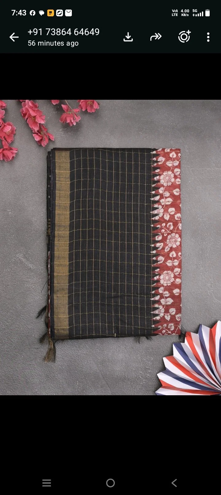 Maroon Checkered Saree with Teal Floral Border thumbnail 3