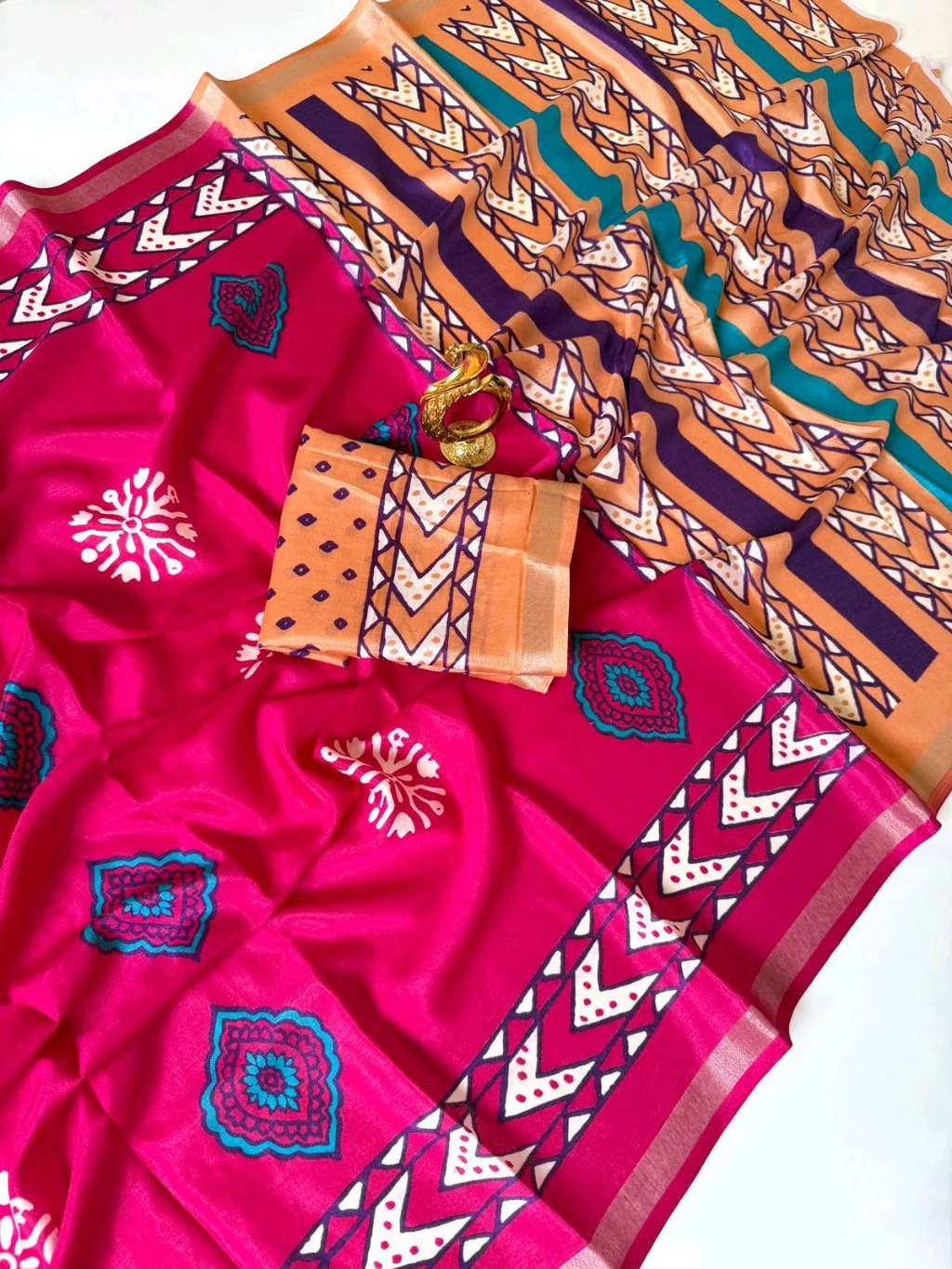 Magenta Printed Art Silk Saree with Geometric Pallu and Blouse