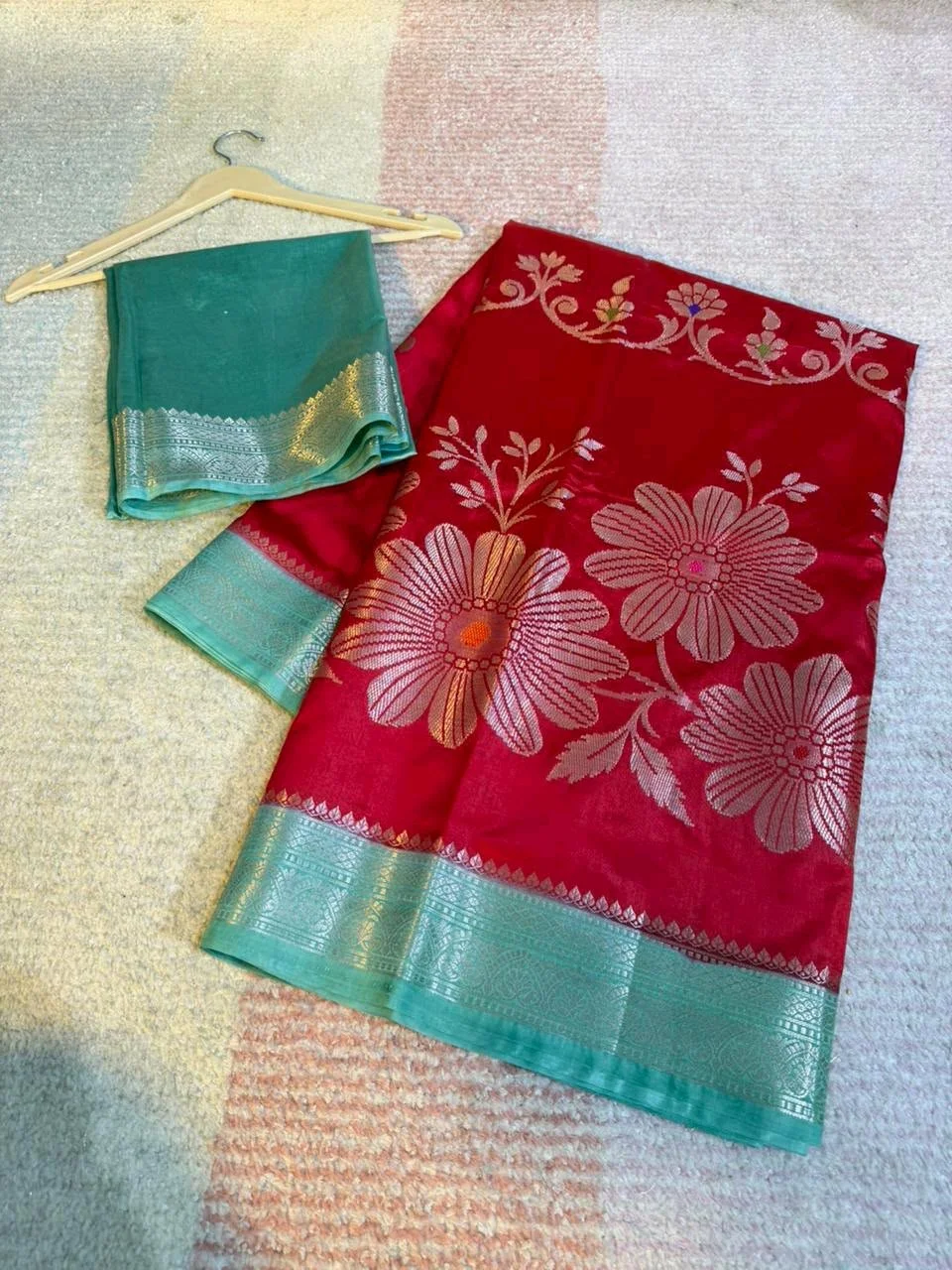 Red Silk Blend Saree with Teal Zari and Floral Design 1