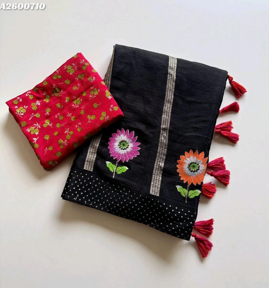 Original Not Copy New Catalogue Launch▶ Fabric - Soft Shinon Fabric With Beautiful Floral Table Print With Fancy Latkan And Contrast Print Blouse - Ready Stockaree with Tassels and Blouse