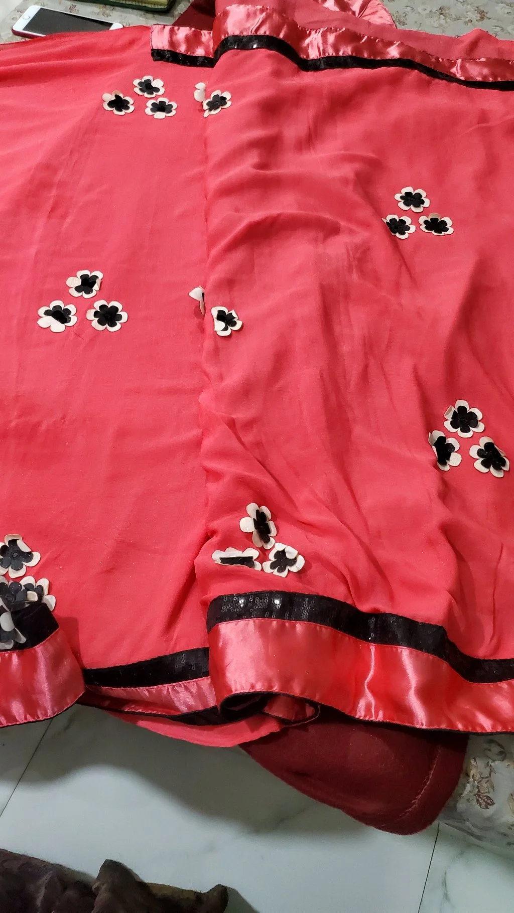 Coral Pink Saree with 3D Floral Applique and Sequin Border thumbnail 2