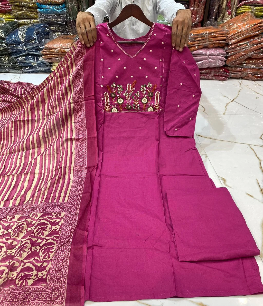 Dabu Cotton Embroidered Cotton Kurta Set with Striped Dupatta thumbnail 3