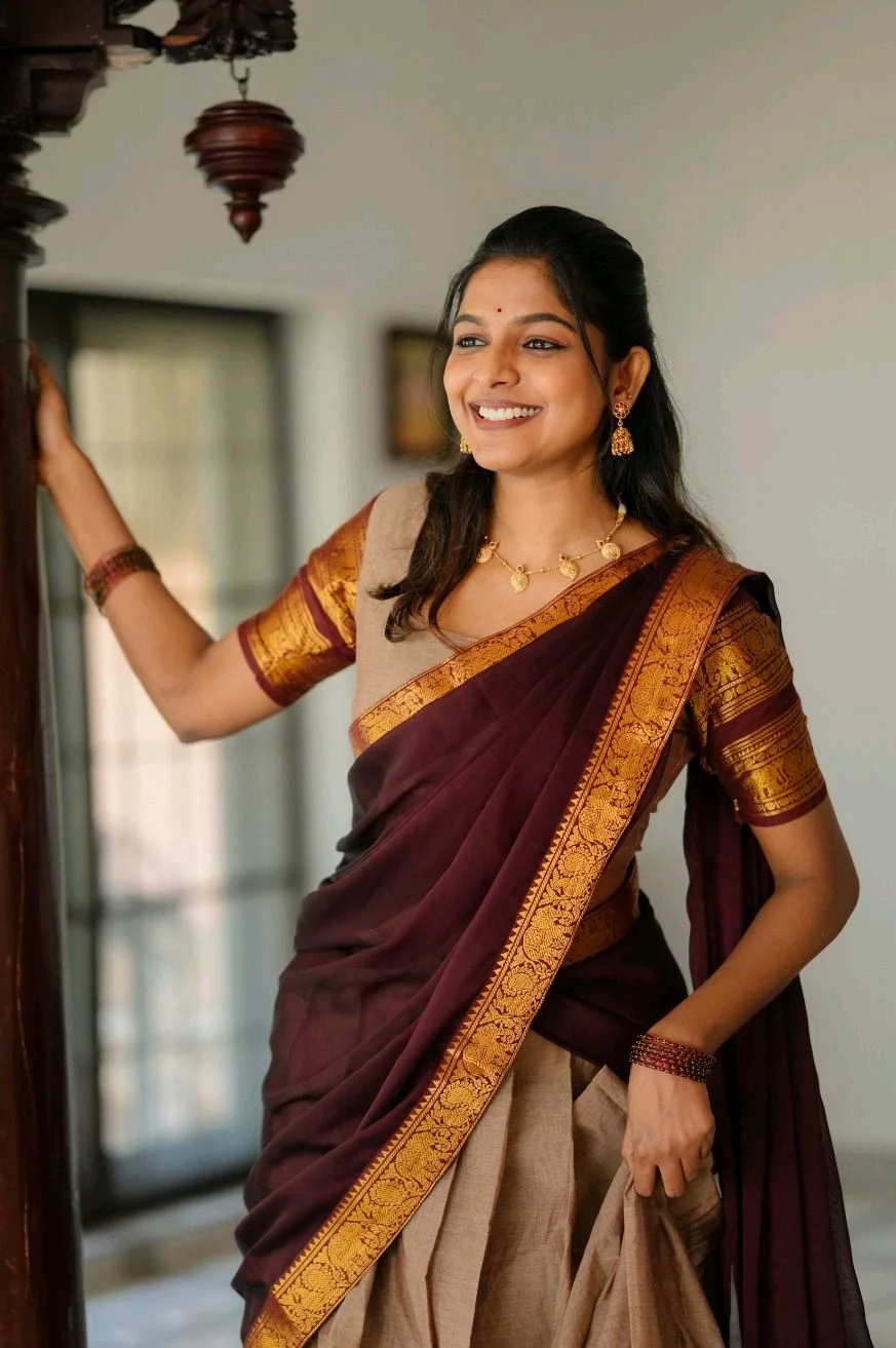 Traditional Pavadai Set with Maroon Gold Zari Border thumbnail 4