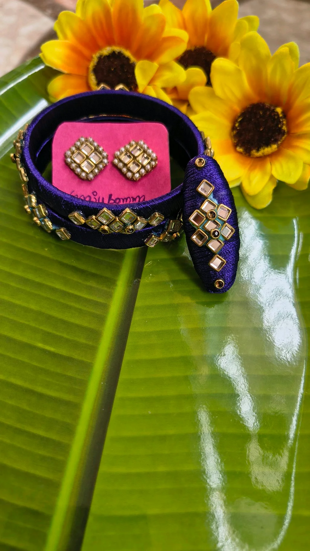 Blue Silk Thread Bangle Set with Kundan Earrings thumbnail 1