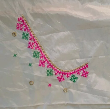 Off White Computer Embroidery Blouse Piece with Pink Green Mirror Work 3