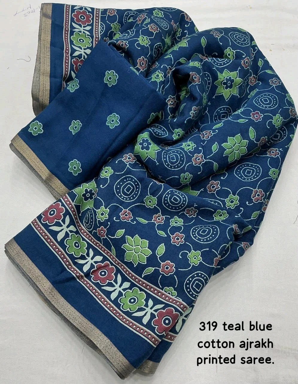Ajrakh Cotton Saree with Red Prints 8