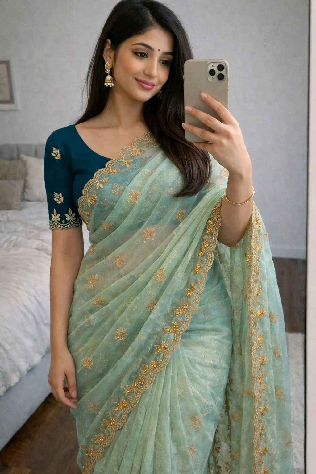 Pastel Organza Silk Blend Saree with Scalloped Embroidered Border 10