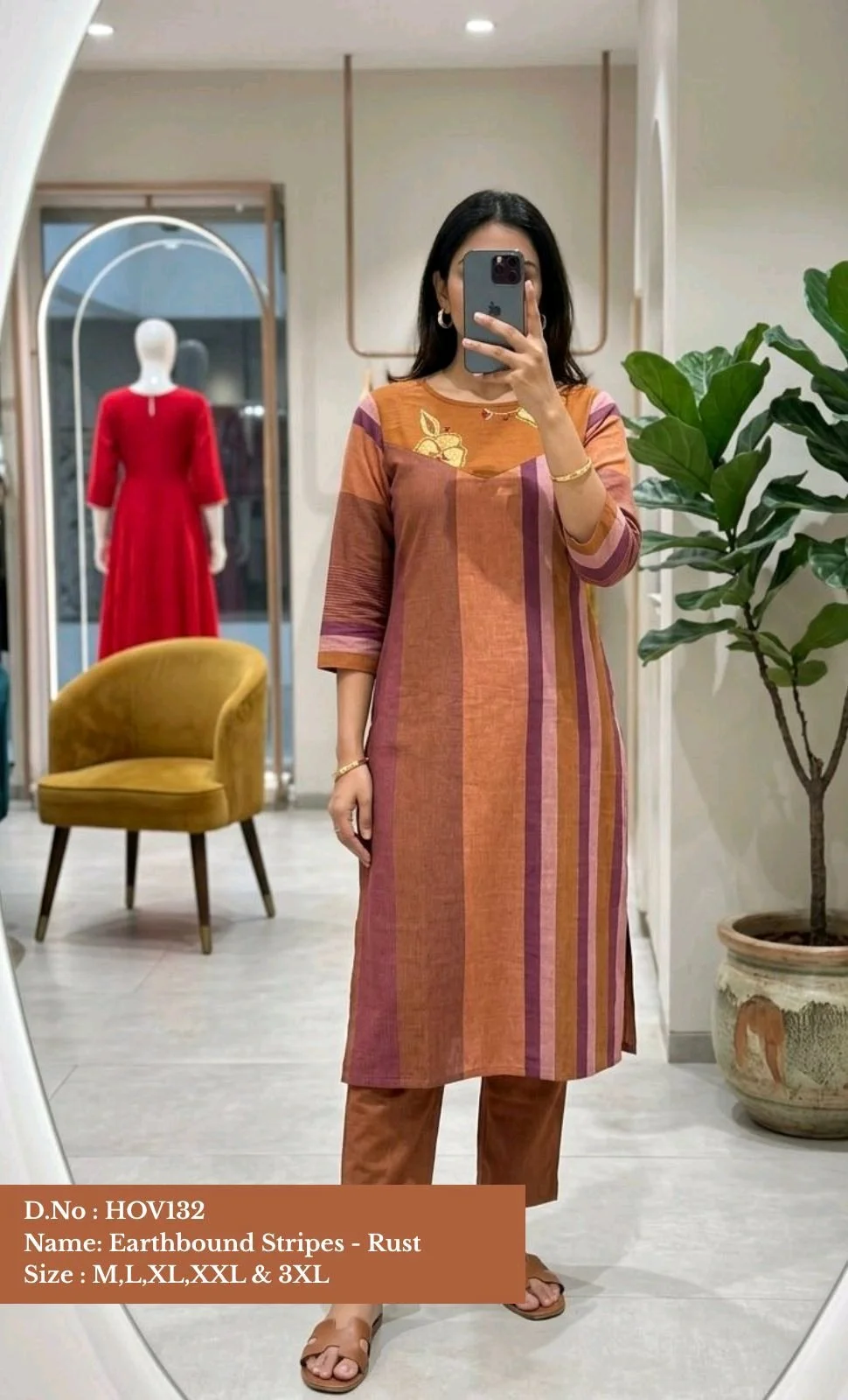 Earthbound Stripes Brick Brown and Green Embroidered Kurta Set 2