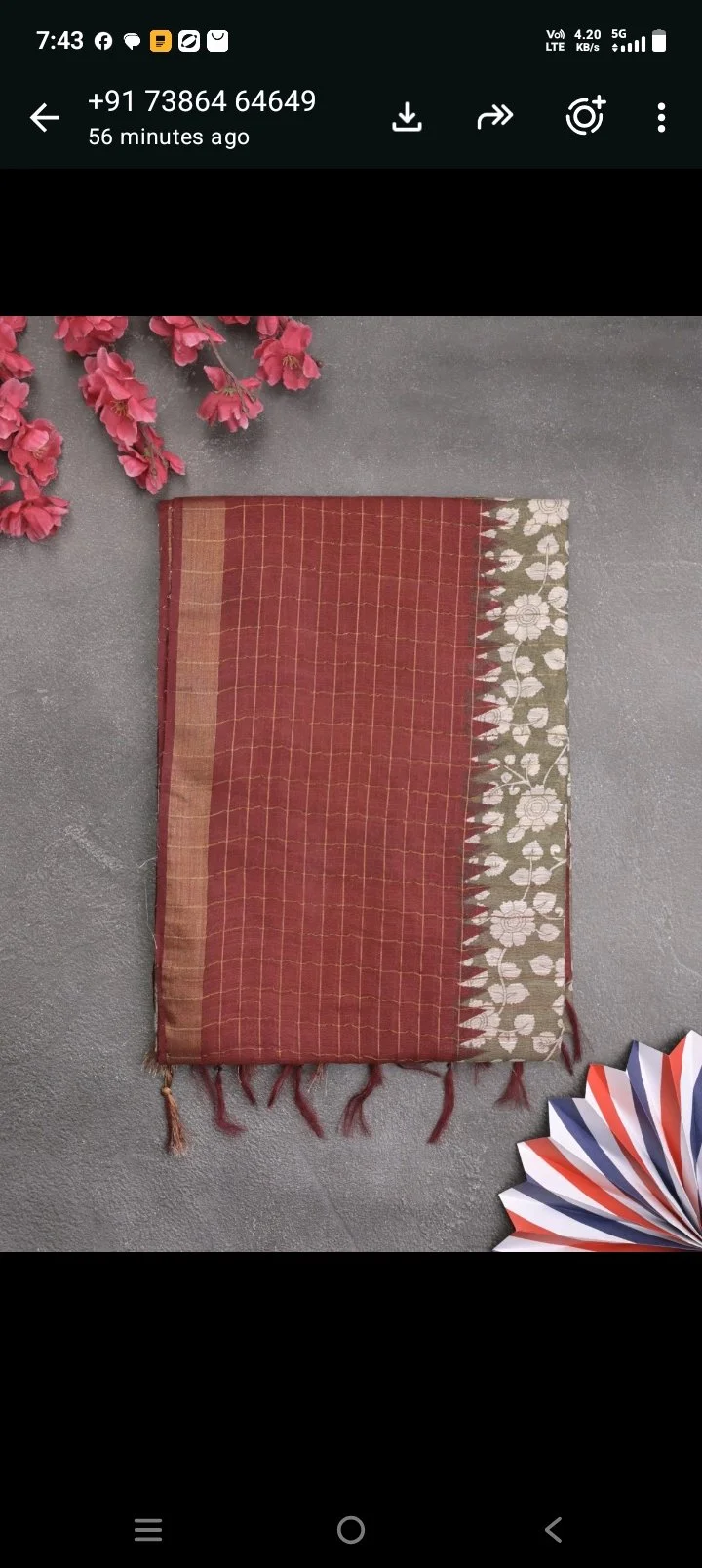 Maroon Checkered Saree with Teal Floral Border thumbnail 5