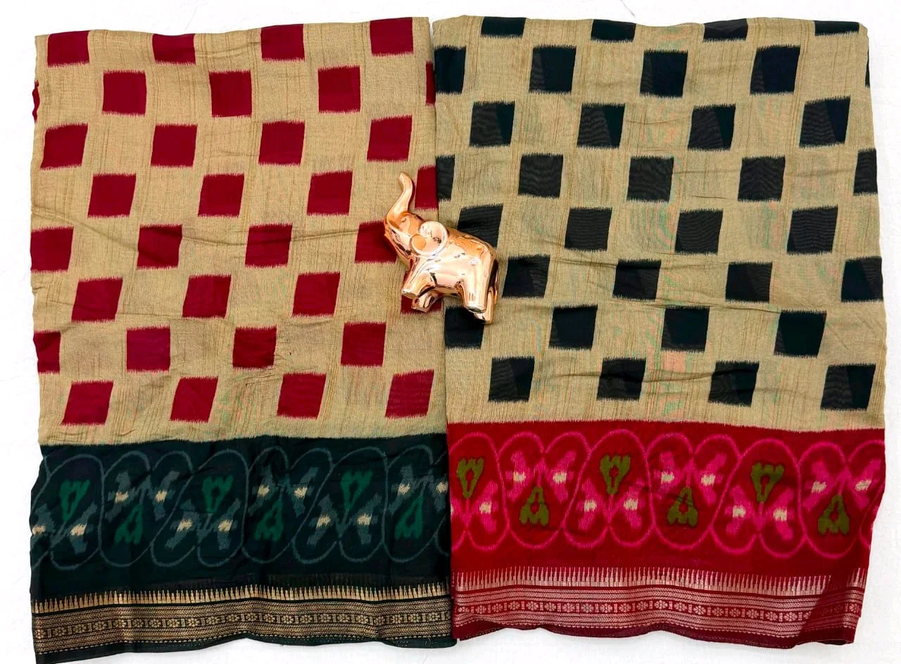 Beige and Black Ikat Print Saree with Red Checks thumbnail 3